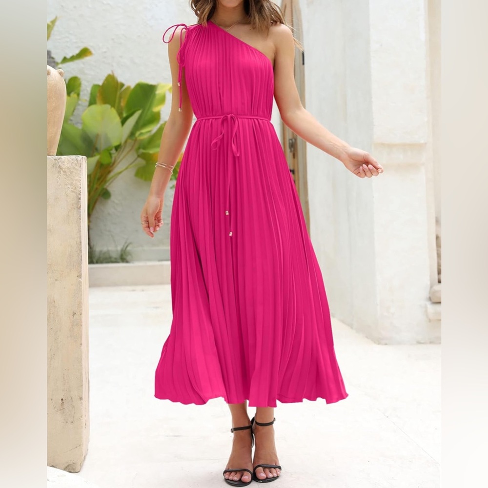 BTFBM Women's Drawstring One Shoulder Maxi Dresses Summer Sleeveless - Picture 4 of 8